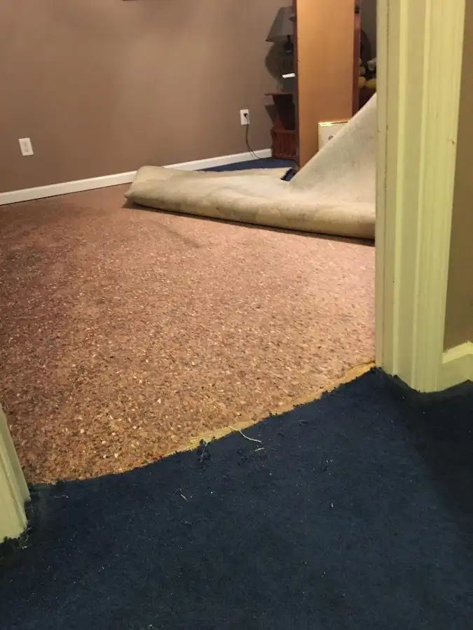 Carpet pad removal revealing water damage during Drying & Dehumidification in Fort Wright
